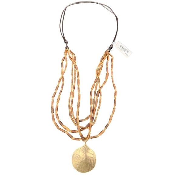J. Jill Jewelry - J. Jill Gold And Brown Multi Strand Necklace With A Metal Pendant